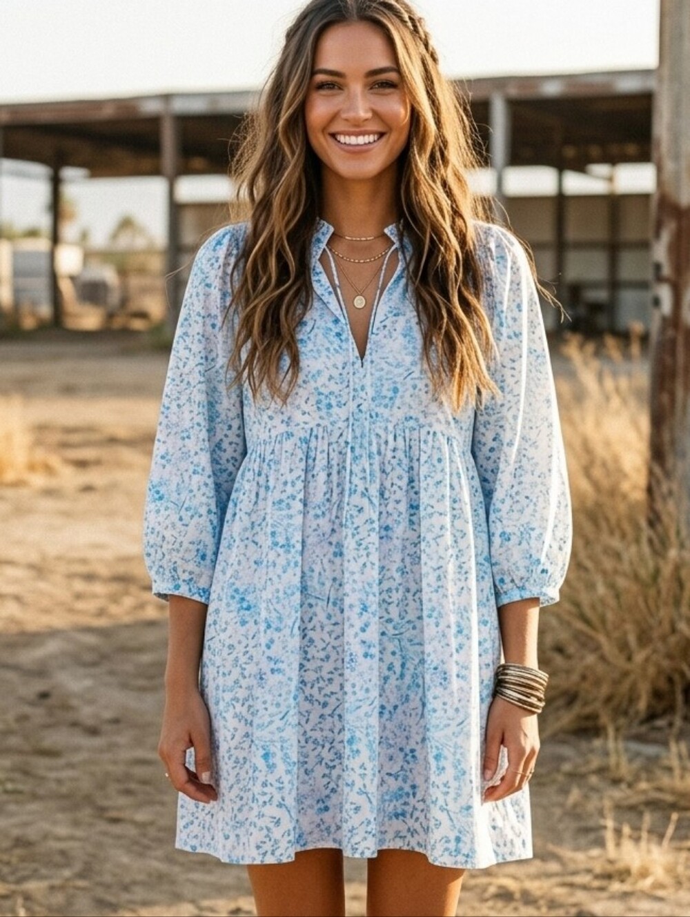 Zara Floral Print Poplin Babydoll Dress Medium